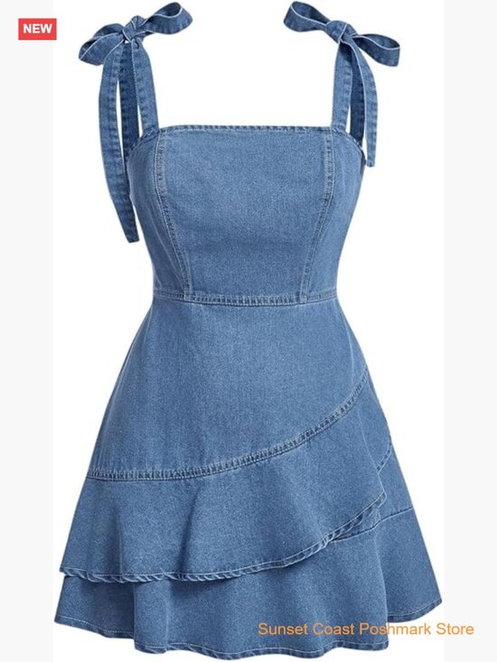 Dresses & Skirts - Tie Shoulder Sleeveless Denim Mini Dress with Layered Ruffle Hem